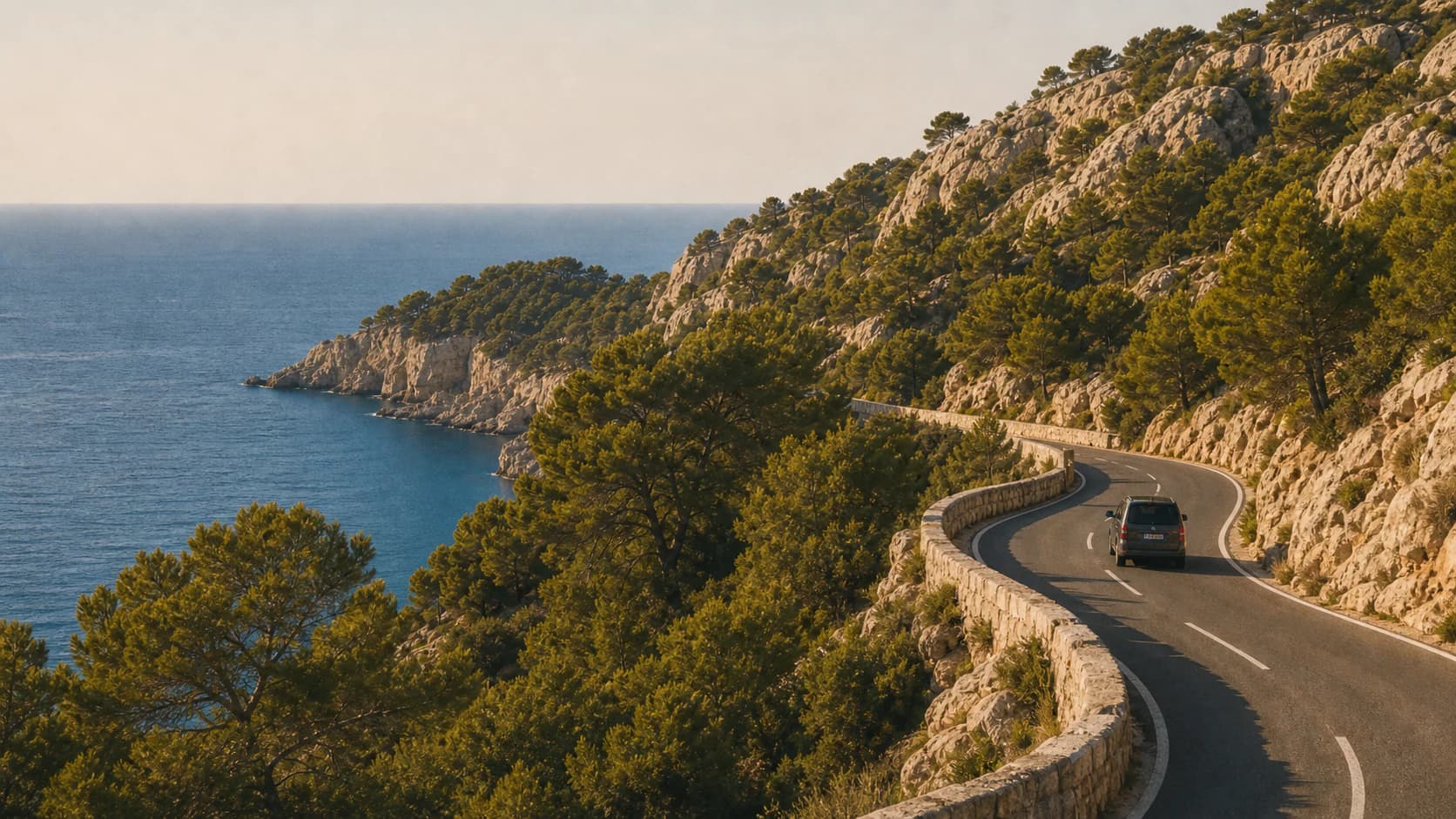 A car following a winding Mediterranean coastal road above the sea.